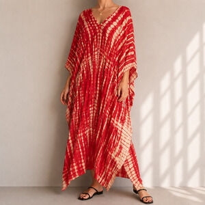 Midi Kaftan Boho Coverup Summer Vacation Dress Sz M-XL Red‎ Tie Dye Ibiza Resort
